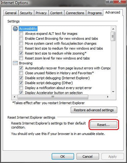 WIndows 7 Internet Options, Advanced, Reset